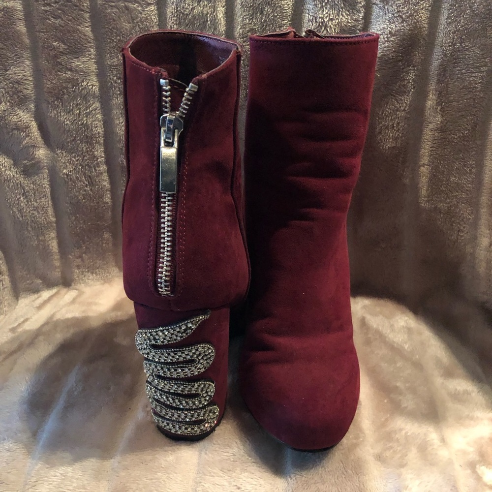 Flawless snake rhinestone detail burgundy booties